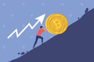 فردی در حال بردن بیت کوین به نوک قله
